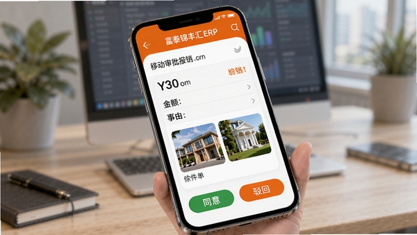 富泰锦丰汇ERP系统移动审批功能操作界面,手机屏幕上显示待审批的报销单详情,包含金额、事由和附件照片,下方有同意与驳回按钮,界面采用圆角设计,主色调为橙色与白色,背景虚化处理突出手机界面