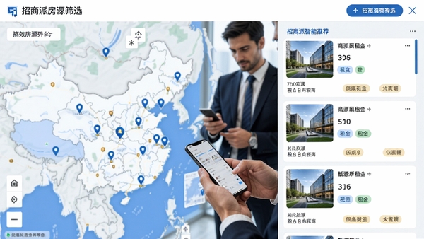 招商派房源筛选界面截图，左侧为地图分布，右侧为房源卡片列表，展示面积、租金、标签，背景有商务人士正在查看手机，整体色调偏商务蓝，突出高效匹配与智能推荐
