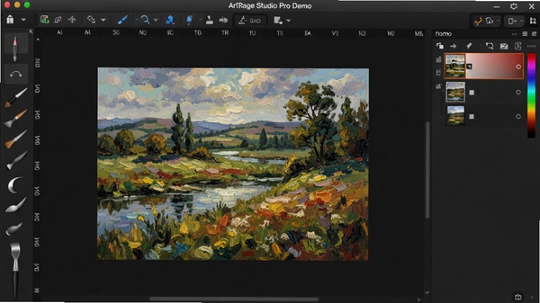 ArtRage Studio Pro Demo 数字绘画软件主界面，左侧工具栏展示多种仿真画笔图标，中央画布上有一幅色彩浓郁的风景油画作品，右侧是图层与颜色面板，整体环境为深色专业工作台，光线柔和，细节清晰，体现软件的专业绘画功能，风格为写实3D渲染，高分辨率，无文字