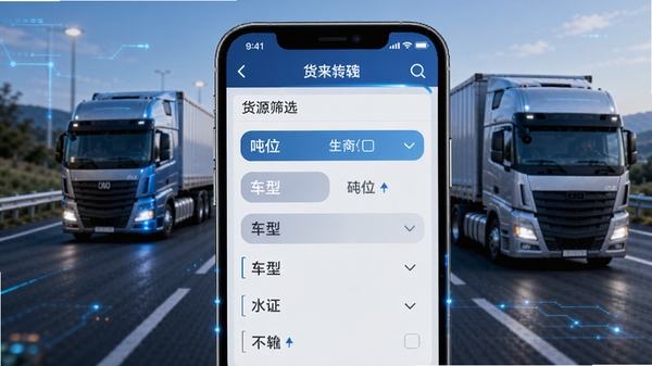 货来运转司机端软件功能示意图，手机屏幕放大展示货源筛选界面，包含吨位、车型选项，背景为高速公路与卡车，画面科技感十足