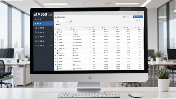 品众360点睛营销助手主界面预览图，展示软件在电脑桌面运行时的整体布局，左侧为功能导航栏，右侧为数据表格，背景为现代办公环境，画面清晰明亮，突出软件的专业性与高效性。