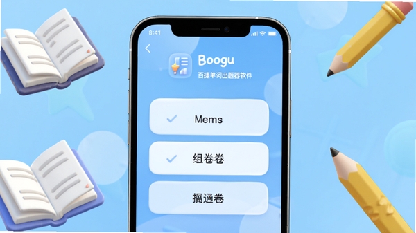 Boogu生成,百捷单词出题器软件主界面预览图,手机屏幕正中央显示组卷功能选项,背景为浅蓝色渐变,四周有书本和铅笔的3D元素点缀,画面明亮清晰,突出软件工具属性