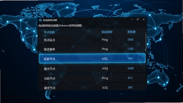 挑战韩网络加速器(Dekaron网络加速器)智能节点选择功能展示图,画面显示软件界面中自动测试各个节点延迟的列表,包含节点名称、ping值和丢包率数据,界面高亮显示当前最优节点,背景为全球地图线条网络,风格科技蓝,数据可视化,高清。