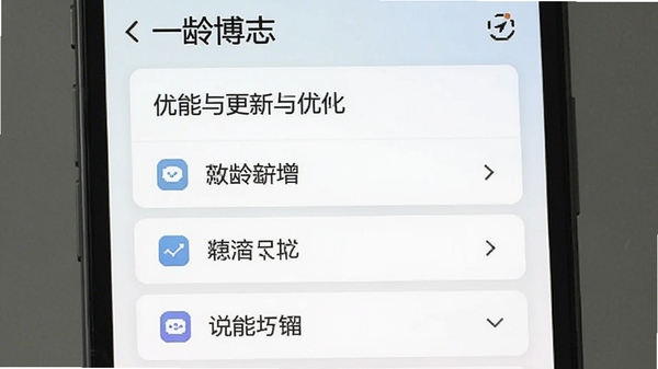 一龄博士 手机应用版本更新日志截图，展示新增功能与优化列表，界面为简洁的卡片式设计，背景淡雅，突出文字信息与功能更新要点