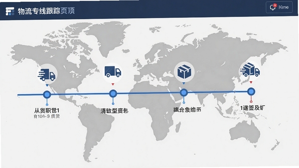 物流专线宝货物轨迹跟踪页面，时间线样式展示从发货到签收的各个节点，每个节点有图标和文字说明，背景为浅灰色地图轮廓，整体风格简洁直观
