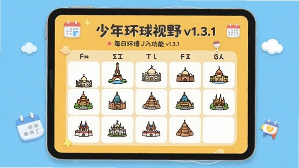少年环球视野v1.3.1版本新增的每日环球日历功能界面,日历上带有不同国家地标小图标,背景为暖黄色,整体设计可爱活泼,色彩明快,适合青少年审美