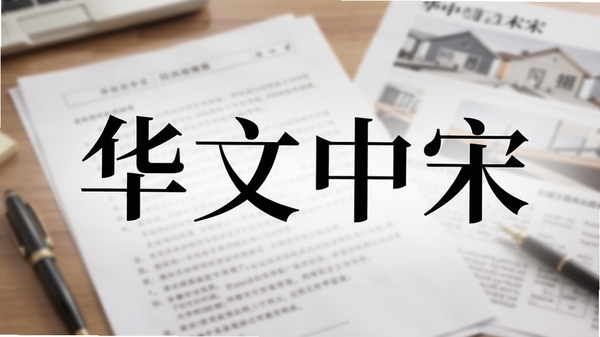 华文中宋字体预览图，展示字体在文档排版中的实际效果，画面中心为“华文中宋”四个大字，背景为办公文档与打印样张的叠加场景，字体笔画清晰，风格端庄典雅，光线柔和，突出字体的专业质感。