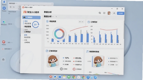 一款名为淘宝小小助手的电脑桌面软件界面全貌预览图,界面设计简洁,左侧功能栏包含商品管理与订单同步,右侧主区域展示数据分析图表,整体风格现代,浅色调背景,软件窗口完整显示在屏幕中央