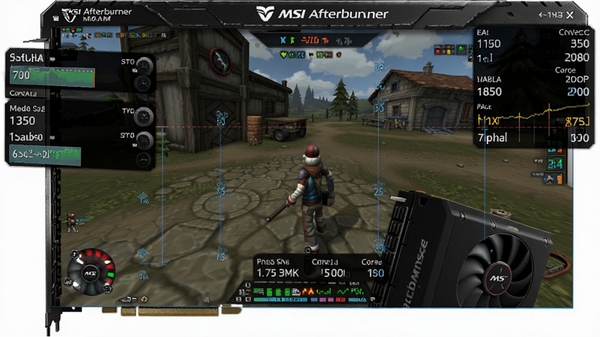 微星显卡超频工具(MSI Afterburner)实时监控功能示意图，画面中显示游戏画面边缘悬浮着帧率、显卡温度、核心频率等实时数据，风格硬朗，突出游戏监控场景
