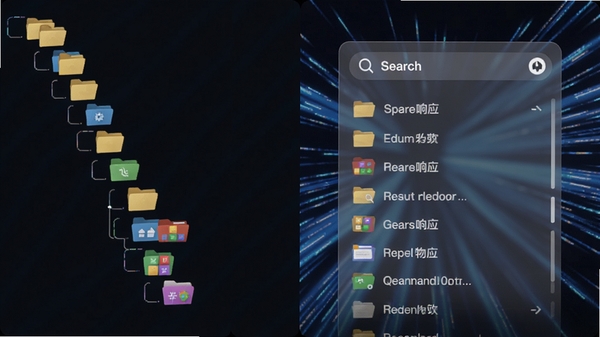 搜搜Ta软件功能展示图,画面分为左右两部分,左侧为彩色文件夹图标树状列表,右侧为半透明搜索框和快速滚动的搜索结果行,配以动态速度线背景,强调毫秒级响应的畅快体验。