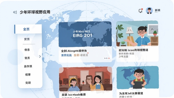 少年环球视野应用主界面预览图,展示全球新闻聚合信息流,背景为淡蓝色地球轮廓与经纬线,界面简洁明亮,左侧悬浮分类导航栏,右侧展示图文卡片,整体风格现代扁平化,适合青少年审美