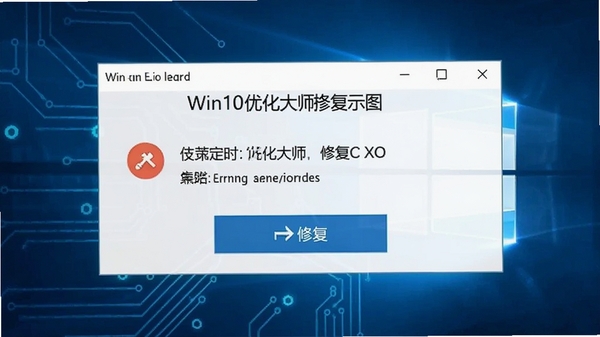 Win10优化大师报错修复示意图，显示错误代码与修复按钮，背景为科技感蓝色，简洁明了