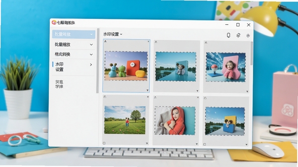 七彩色淘宝图片批量处理工具全貌界面预览图，软件主窗口整洁，左侧功能列表包含批量缩放、格式转换、水印设置，右侧为图片预览区，背景为现代简约的电商工作台场景，色彩明亮清晰
