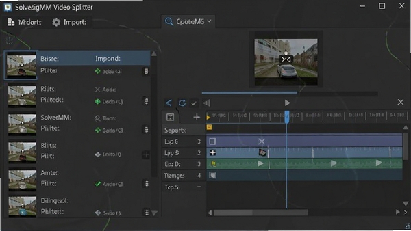 SolveigMM Video Splitter软件主界面预览图，显示视频导入列表与时间轴分割操作区域，背景为深灰色调，突出软件功能布局