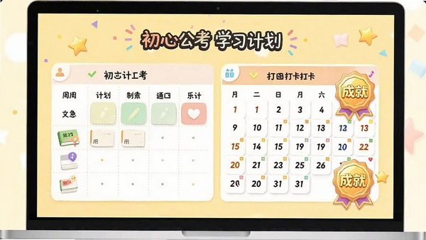 初心公考学习计划页面,显示周计划表、打卡日历和成就徽章,色彩活泼,富有激励性,背景为淡黄色