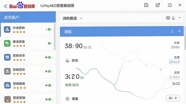 百度营销客户端多账户管理界面截图，左侧栏展示多个账户名称和状态标识，右侧显示选中账户的消耗概览，整体风格简洁商务