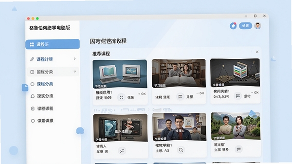 格鲁伯网络学堂电脑版主界面预览图,展示清晰的课程分类导航和推荐课程卡片,背景为淡雅的浅蓝色调,整体界面风格现代简约,突出软件的学习氛围