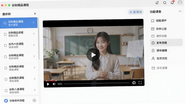 谷秋精品课程软件主界面展示,左侧为课件列表,中间为视频预览区,右侧为功能面板,整体界面清爽简洁,突出课件编辑与发布流程