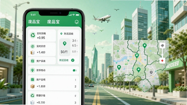 废品宝软件主界面预览图，手机屏幕展示回收品类列表、实时价格行情卡片、附近回收员地图分布，背景为绿色环保主题的现代城市街景，界面简洁明亮，突出便捷回收服务