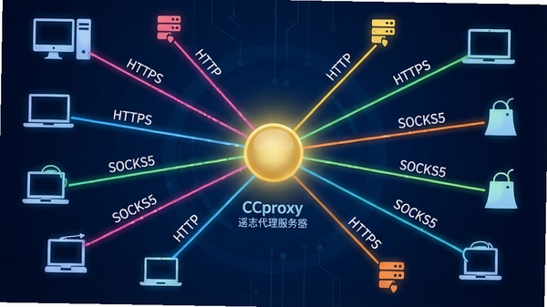 一张抽象风格的网络数据流示意图，画面以深蓝色为背景，中央有一个发光的金色数据节点，代表CCproxy（遥志代理服务器）。多条不同颜色的光线从节点向四周散射，每条光线旁用简洁的图标标注着HTTP、HTTPS、SOCKS5等协议名称，光线最终连接到代表不同终端设备的图标上，如台式机、笔记本电脑等。整体画面科技感强，色彩对比鲜明，直观地展示了软件多协议同时处理的能力。