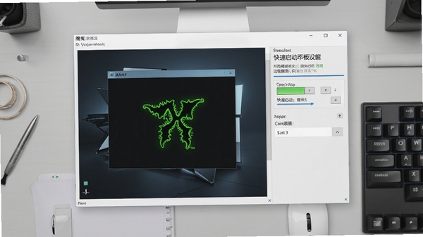 魔爪软件窗口管理和快速启动面板功能预览，展示窗口置顶和快捷启动设置，界面风格清爽简洁，背景为浅灰色工作台。