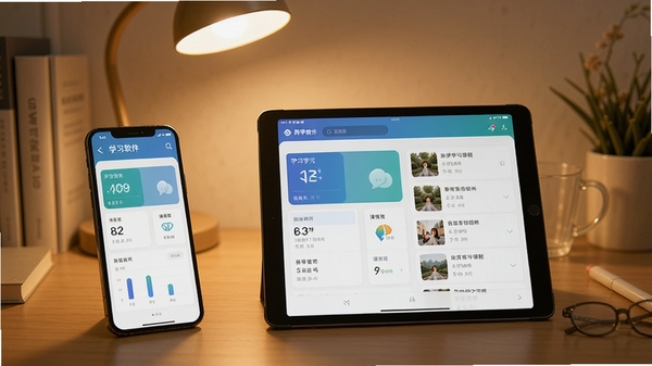 勤学软件在手机和平板上同步使用的场景图，背景是书桌和台灯，界面显示学习数据与课程列表，画面温馨写实，突出多设备学习同步的便捷性