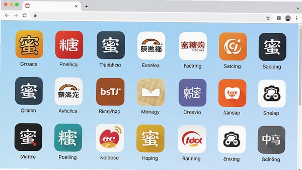 蜜糖购物浏览器购物聚合页面截图，显示多个电商平台图标整齐排列在浏览器主页，图标色彩鲜明，布局规整，背景为浅蓝色渐变，体现软件便捷整合的特点
