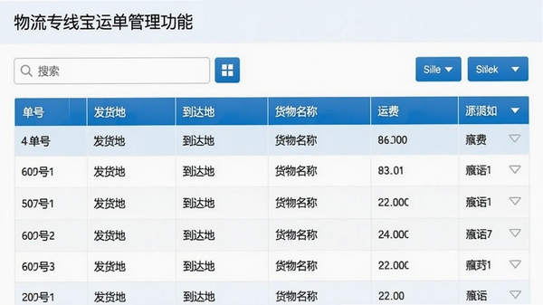 物流专线宝运单管理功能界面截图，显示表格形式的运单列表，包含单号、发货地、到达地、货物名称、运费等字段，有搜索框和筛选按钮，界面配色以蓝白为主，清晰展示数据行