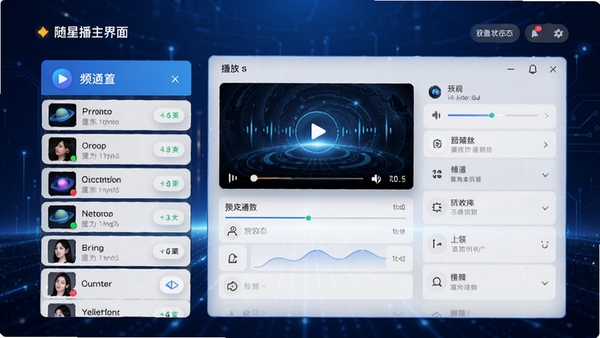 随星播主界面预览图，展示软件整体布局，左侧为频道列表，右侧为播放与状态信息区域，背景采用深蓝色科技感渐变，界面元素清晰明亮