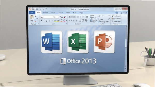 Office 2013主界面展示，现代风格的办公软件启动画面，包含Word、Excel、PowerPoint图标，背景为干净的浅色工作台，整体氛围专业且明亮，高清数字渲染