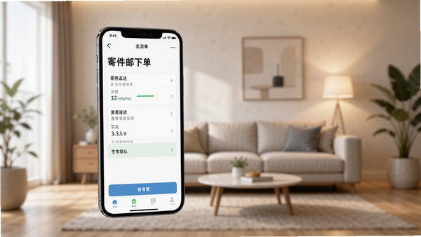 一幅展示智能手机屏幕中速邮达应用界面的高清图片，手机位于画面中央偏左，屏幕清晰显示寄件下单流程，背景是虚化的现代简约客厅环境，暖色调灯光，画面明亮，突出应用界面与日常生活的融合感，细节丰富，适合应用商店宣传图风格