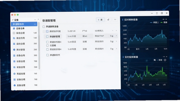展示异速联软件主界面的整体截图,画面中心是简洁的连接管理面板,左侧为设备列表,右侧显示实时网络状态图表,背景采用深蓝色科技感渐变,整体风格干净明亮,突出软件的专业与易用性
