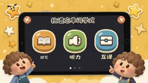 抗遗忘单词表学习模式选择界面，屏幕上展示拼写、听力、互译等图标，背景为暖黄色，有卡通人物和星星装饰，整体风格活泼有趣，突出互动体验，Boogu模型生成