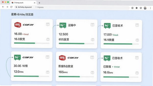 星期五购物浏览器的物流聚合页面，以卡片形式展示多个快递包裹的状态，包括已发货、运输中、已签收等，卡片上有快递公司logo和进度条，背景为淡蓝色，信息清晰易读