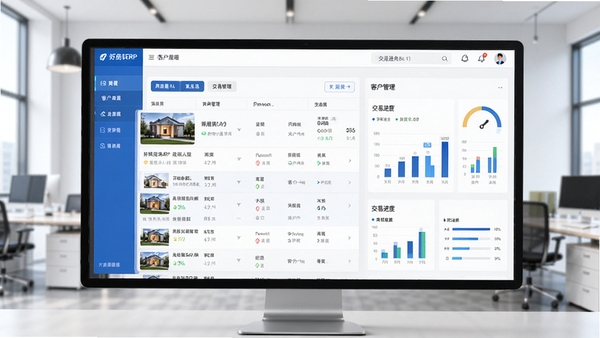 好房通ERP主界面预览图，展示房源列表、客户管理、交易进度看板等核心功能模块，背景为简约商务办公风格，整体色调以蓝白为主，界面布局清晰，数据可视化图表元素丰富