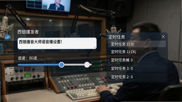 西银播音大师语音播报设置界面，展示文字输入框、语速调节滑块与定时任务列表，背景为广播电台控制室，体现自动化播报的专业氛围