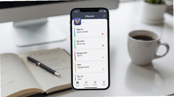 A sleek smartphone displaying the VibeJot app interface, centered composition, with a clean and organized note list on screen, background is a softly blurred modern workspace with a notebook and coffee cup, high detail, app icon clearly visible, Boogu model style