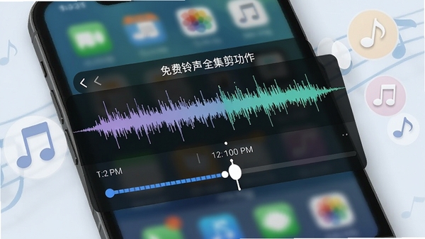 免费铃声全集剪辑功能操作界面，展示音频波形图与时间轴裁剪点，背景为手机桌面与音符图标，强调个性化定制铃声的便捷性