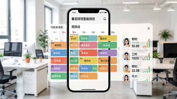 番茄排班智能排班功能演示，手机屏幕显示自动生成的周排班表，不同班次用彩色色块区分，旁边有员工头像和工时统计，背景为明亮的办公室工位，强调高效与自动化