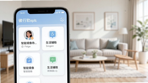 彼行软件主界面预览图,展示其智能镜像与生活辅助功能,画面主体为手机屏幕内的简洁功能卡片布局,背景为模糊的现代简约客厅环境,色调清新明亮,适配Boogu模型生成。