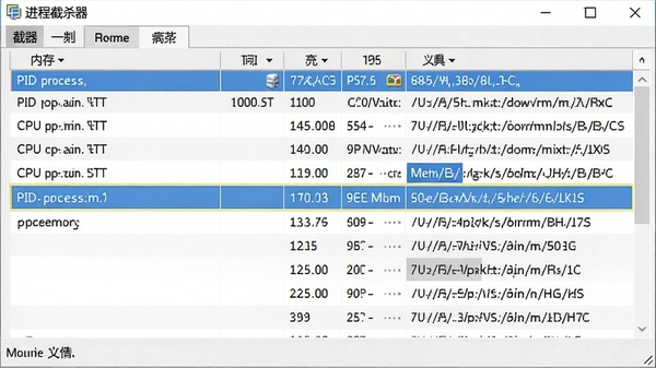 进程截杀器进程列表详情截图，高亮显示一个占用内存较高的进程，旁边标注PID、内存数值、CPU使用率以及完整的文件路径信息，界面布局清晰，数据排列整齐，背景为软件主窗口的局部放大图