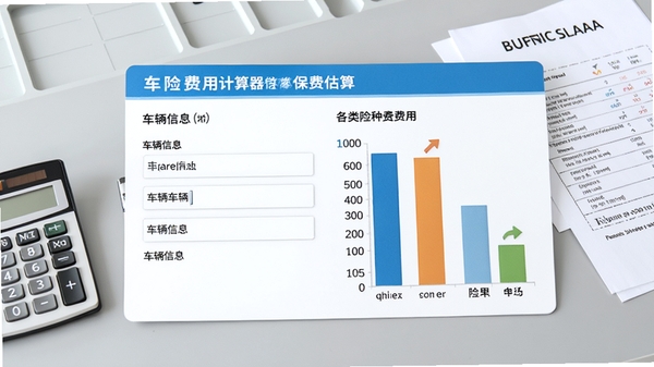 车险费用计算器保费估算界面,显示车辆信息输入框与各类险种费用条形图,背景为淡灰色工作台,伴有计算器与保单文件元素,画面清晰,色彩明快,突出数据可视化效果