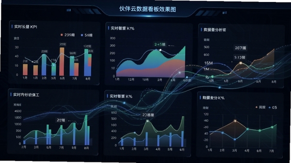 伙伴云数据看板效果图,屏幕上展示多个彩色图表和关键KPI数字,背景为深色科技感界面,数据线条流动,体现实时分析与可视化能力