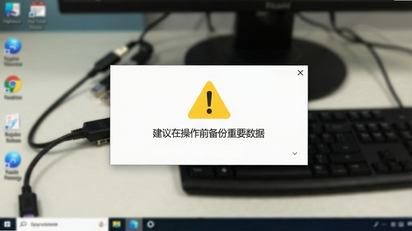 卓大师刷机专家使用过程中的安全提示弹窗，界面显示“建议在操作前备份重要数据”的黄色警告图标，背景为模糊的电脑桌面与连接的数据线，画面突出安全警示氛围，增强用户对操作风险的认知