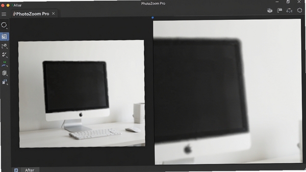 PhotoZoom Pro 软件主界面预览图，展示图像放大前后对比效果，左侧为原始图像，右侧为放大后的清晰细节，背景为深灰色工作区，界面简洁现代，突出软件名称与工具栏布局