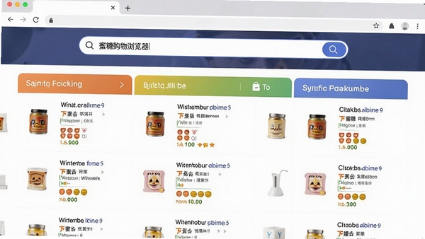 蜜糖购物浏览器搜索比价功能演示，画面显示浏览器内搜索框输入商品名称后，下方以分栏形式展示不同电商平台的搜索结果列表，色彩简洁，信息清晰