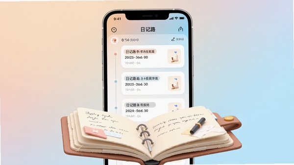 日记路应用主界面预览图，手机屏幕显示时间轴日记列表，背景为柔和渐变色调，画面主体居中，前景有翻开笔记本的3D渲染元素，整体风格清新文艺，细节丰富，适合作为应用介绍头图