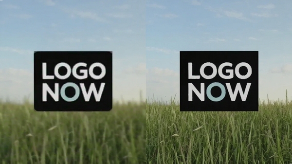 Remove Logo Now视频修复效果对比图，左侧为带有水印的原始视频画面，右侧为处理后的干净画面，背景草地和天空过渡自然，无模糊或色块残留