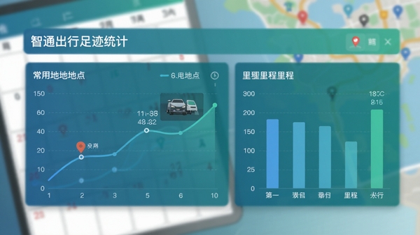 智通出行足迹统计页面，展示折线图与柱状图，标注常用地点与里程数据，界面以蓝绿色调为主，背景为模糊的日历与地图元素