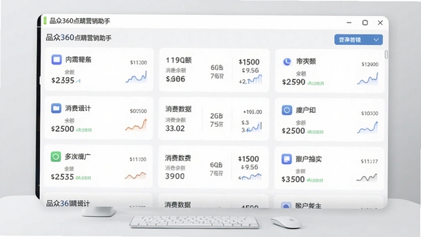 品众360点睛营销助手多账户管理功能截图，画面展示软件界面中多个账户的列表，每个账户卡片显示名称、余额、消费数据，背景为浅灰色桌面，风格简洁现代，突出数据清晰易读的特点。